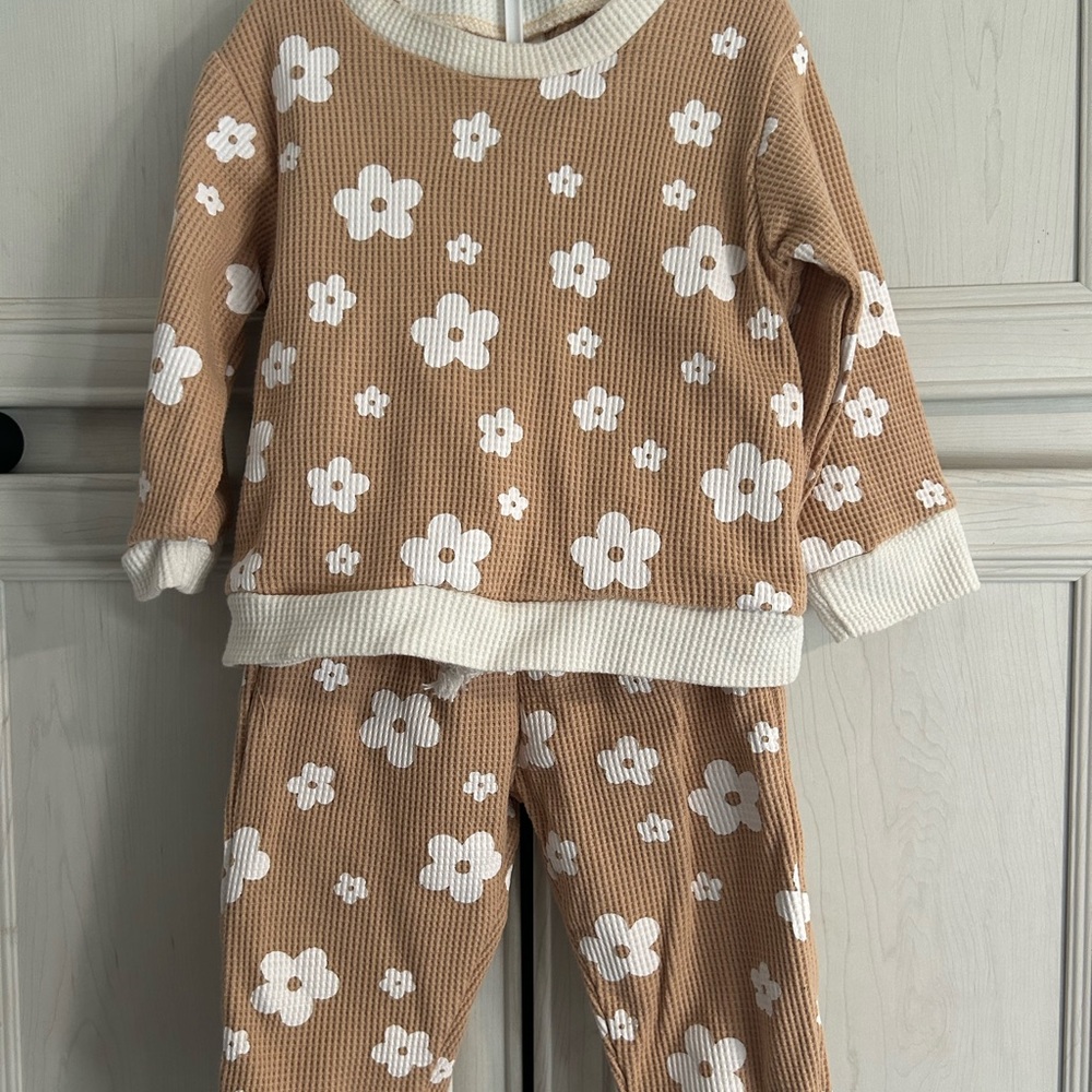 Tan and White Floral Pajama Set with Long Sleeves